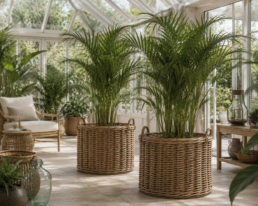 Plantekurve og flettede krukker i rattan Plantekurve og flettede krukker i rattan